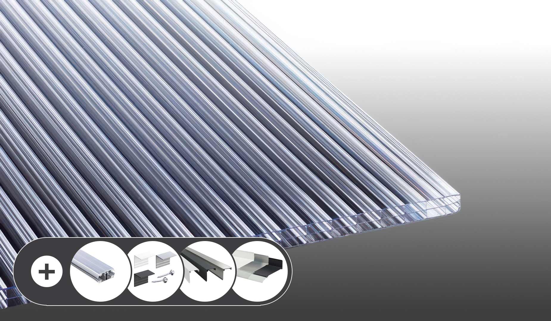Polycarbonat Stegplatte - 16 / 20 mm - 3-Fach - Glasklar im Set
